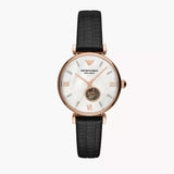 Emporio Armani Meccanico Gianni T Bar Mother of Pearl White Dial Black Leather Strap Watch For Women - AR60047
