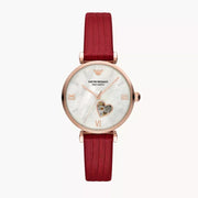 Emporio Armani Meccanico Gianni T-Bar Mother of Pearl White Dial Red Leather Strap Watch For Women - AR60048