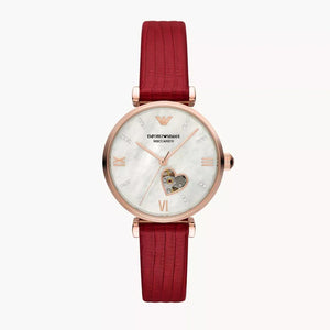 Emporio Armani Meccanico Gianni T-Bar Mother of Pearl White Dial Red Leather Strap Watch For Women - AR60048