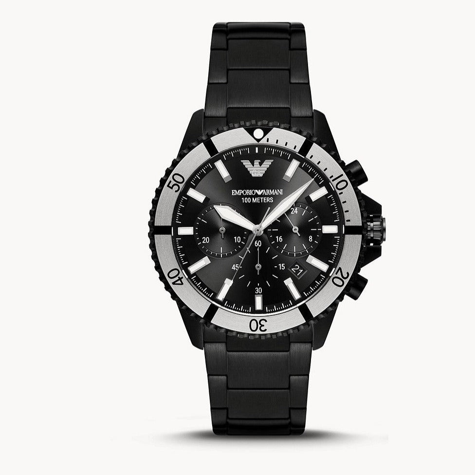 Emporio Armani Diver Chronograph Black Dial Black Steel Strap