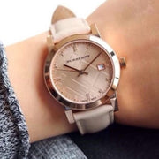 Burberry The City Diamonds Gold Dial Beige Leather Strap Watch for Women - BU9131