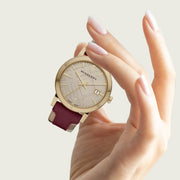 Burberry Heritage Nova Gold Dial Haymarket Red Leather Strap Watch for Women - BU9111