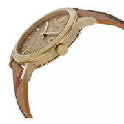 Burberry The City Gold Dial Haymarket Brown Leather Strap Watch for Women - BU9026