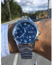 Hugo Boss Aeroliner Chronograph Blue Dial Silver Steel Strap Watch for Men - 1513183