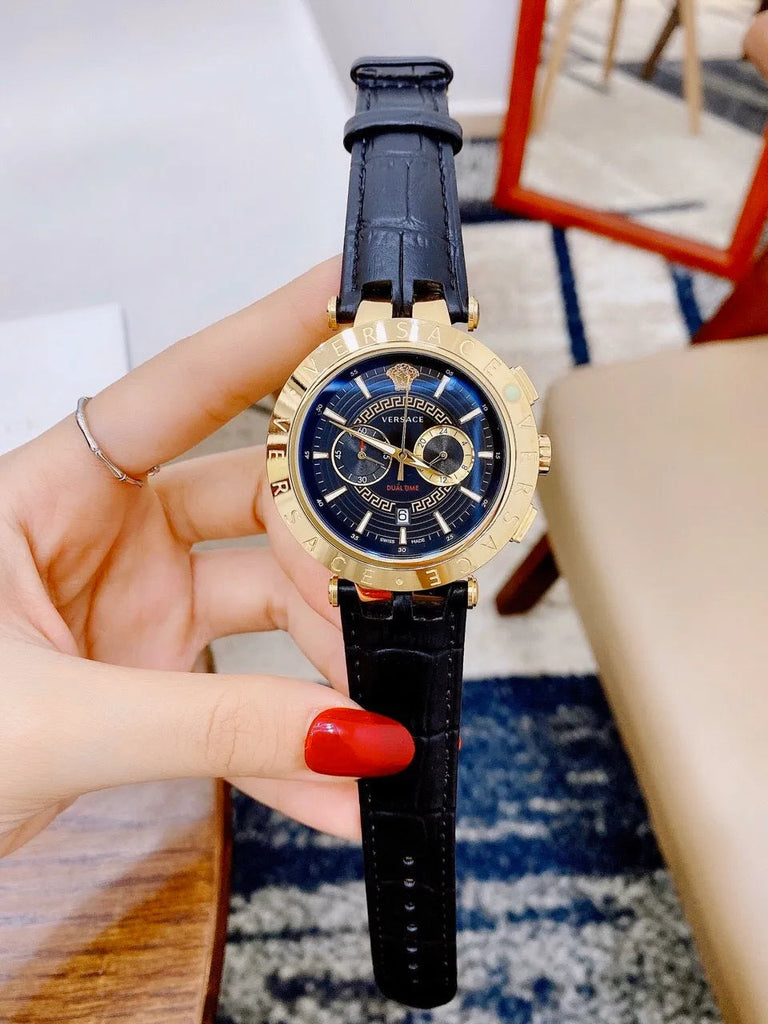 Versace V-Race Multifunction Chronograph Blue Dial Blue Leather Strap Watch For Men - VEBV00219