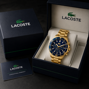 Lacoste Tiebreaker Chronograph Blue Dial Gold Steel Strap Watch for Men - 2011151