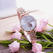 Emporio Armani Meccanico Gianni T-Bar Silver Dial Rose Gold Steel Strap Watch For Women - AR60023