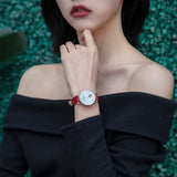 Emporio Armani Meccanico Gianni T-Bar Mother of Pearl White Dial Red Leather Strap Watch For Women - AR60048