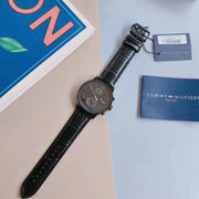 Tommy Hilfiger Aden Chronograph Black Dial Black Leather Strap Watch for Men - 1791310