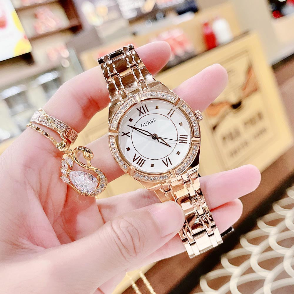 Guess Cosmo Diamonds Silver Dial Rose Gold Steel Strap Watch For Women