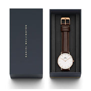 Daniel Wellington Classic Bristol White Dial Brown Leather Strap Watch For Women - DW00100039