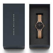 Daniel Wellington Classic Petite Melrose Black Dial Rose Gold Mesh Bracelet Watch For Women - DW00100217