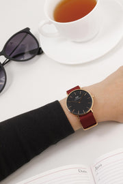 Daniel Wellington Classic Roselyn Black Dial Maroon Nylon Strap Watch For Women - DW00100273