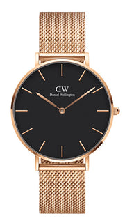 Daniel Wellington Petite Melrose Black Dial Rose Gold Mesh Strap Watch For Women - DW00100303