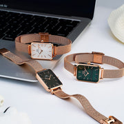 Daniel Wellington Quadro Melrose Green Dial Rose Gold Mesh Strap Watch For Women - DW00100437