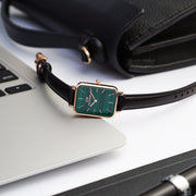 Daniel Wellington Quadro Pressed Sheffield Green Dial Black Leather Strap Watch For Women - DW00100439