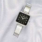 Daniel Wellington Quadro Studio Black Dial Silver Mesh Strap Watch For Women - DW00100522