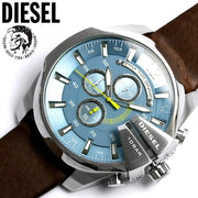 Diesel Mega Chief Chronograph Blue Dial Brown Leather Strap Watch For Men - DZ4281