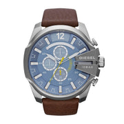 Diesel Mega Chief Chronograph Blue Dial Brown Leather Strap Watch For Men - DZ4281
