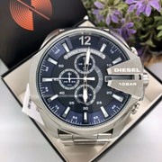 Diesel Mega Chief Chronograph Blue Dial Silver Steel Strap Watch For Men - DZ4417