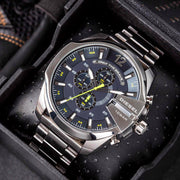 Diesel Mega Chief Chronograph Blue Dial Silver Steel Strap Watch For Men - DZ4465