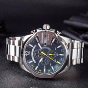 Diesel Mega Chief Chronograph Blue Dial Silver Steel Strap Watch For Men - DZ4465