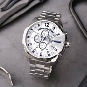 Diesel Mega Chief Chronograph White Dial Silver Steel Strap Watch For Men - DZ4477