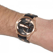 Diesel Mini Daddy Dual Time Black & Gold Dial Black Leather Strap Watch For Men - DZ7317