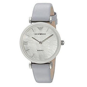 Emporio Armani Gianni T-Bar Mother Of Pearl White Dial Grey Leather Strap Watch For Women - AR11039