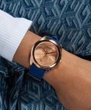 Guess Cubed Analog Rose Gold Dial Blue Leather Strap Watch For Women - GW0665L2