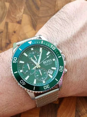Hugo Boss Admiral Chronograph Green Dial Silver Mesh Bracelet Watch for Men - 1513905