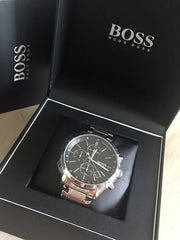 Hugo Boss Grand Prix Chronograph Black Dial Silver Steel Strap Watch for Men - 1513477