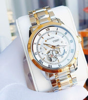 Bulova BVA Skeleton Silver Dial Two Tone Steel Strap Watch for Men - 98A230