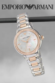 Emporio Armani Three Hand Mother of Pearl Dial Two Tone Steel Strap Watch For Women - AR11569