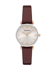Emporio Armani Gianni T-Bar Quartz Silver Dial Brown Leather Strap Watch For Women - AR11061