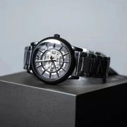 Emporio Armani Meccanico Skeleton Black Dial Black Steel Strap Watch For Men - AR60045