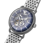 Emporio Armani Aviator Skeleton Blue Dial Silver Mesh Bracelet Watch For Men - AR60024