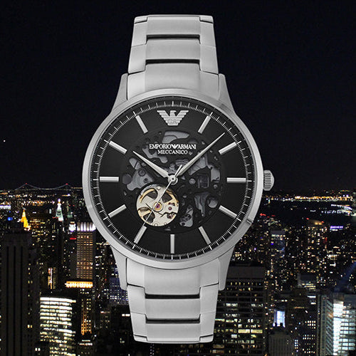 Emporio Armani Meccanico Automatic Black Dial Silver Steel Strap Watch For Men - AR60055