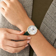 Fossil Jacqueline Multifunction Moonphase Mother of Pearl White Dial Green Leather Strap Watch for Women - ES5244