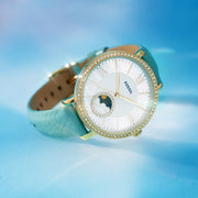Fossil Jacqueline Analog Moonphase Mother of Pearl White Dial Green Leather Strap Watch for Women - ES5168