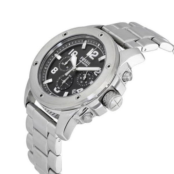 Fossil Modern Machine Black Dial Silver Steel Strap Watch for Men - FS