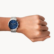 Fossil Forrester Chronograph Blue Dial Silver Steel Strap Watch for Men - FS5605