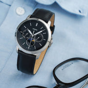 Fossil Neutra Minimalist Moonphase Black Dial Black Leather Strap Watch for Men - FS5904