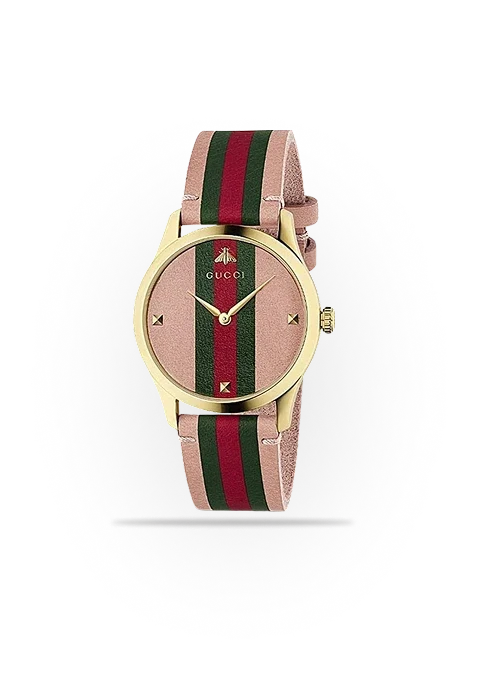 Gucci G Timeless Quartz Pink Dial Three Tone Leather Strap Watch For W
