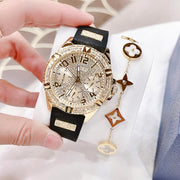 Guess Frontier Diamonds Gold Dial Black Rubber Strap Watch For Women - W1160L1