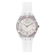 Guess Sparkling Silver Dial White Rubber Strap Watch For Women - GW0032L1
