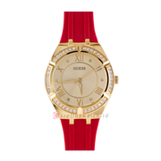 Guess Cosmo Diamonds Gold Dial Red Rubber Strap Watch for Women - GW0034L6