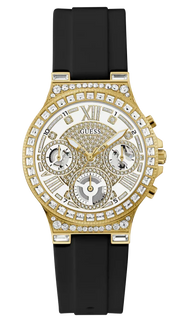 Guess Moonlight Crystals Silver Dial Black Silicone Strap Watch For Women - GW0257L1