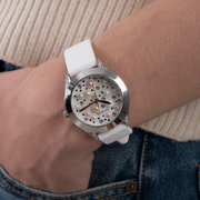 Guess Wanderlust Crystals Silver Dial White Rubber Strap Watch for Women - W1059L1