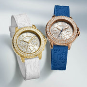 Guess Crown Jewel Diamonds White Dial Blue Rubber Strap Watch for Women - GW0411L2